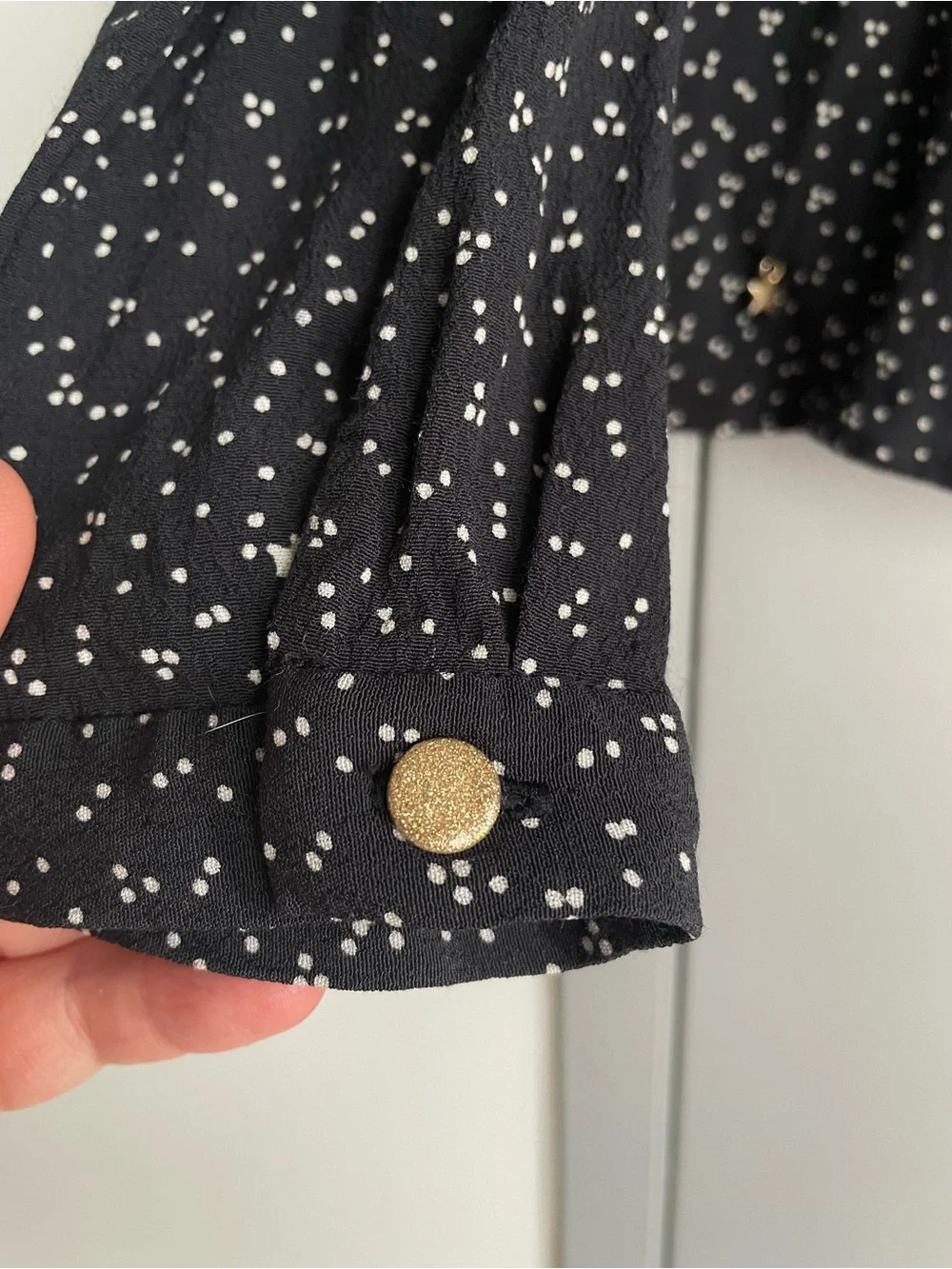 DES PETITS HAUTS Black Long Sleeve Peplum Button Top with White Micro Print - Picture 8 of 15